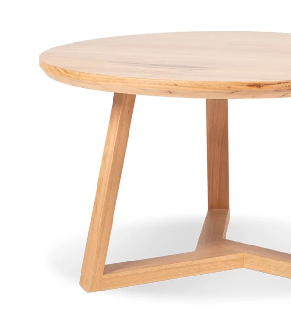 Crafted from solid wood, the Burke round timber table has a distinctive base design is custom made by Buywood Furniture joinery in Brisbane.