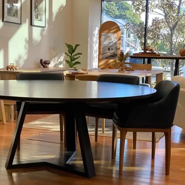 Crafted from solid wood, the Burke table introduces a distinctive base design is custom designed and made by Buywood Furniture joinery Brisbane.