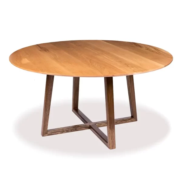 The Darling round wooden dining table with geometric timber legs and a round timber top custom designed by Buywood Furniture, joinery in Brisbane.