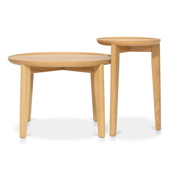 The Tully Side Table designed and crafted by Buywood Furniture featuers rounded tapered legs with a cross base supporting the dished-out round top.