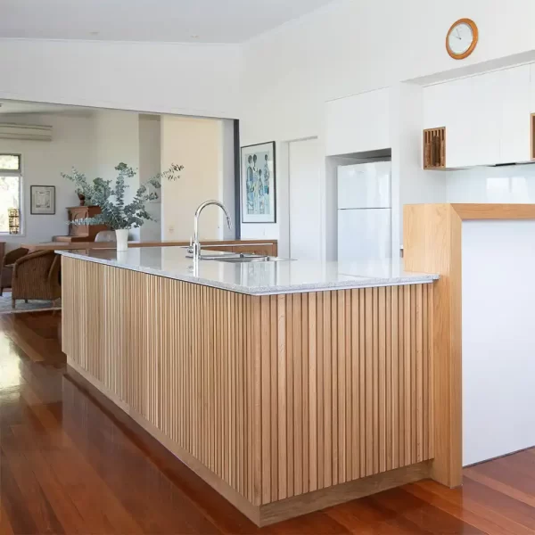 American Oak 3D Panelling timber finish for this kitchen upgrade Designed and crafted by Buywood Furniture.