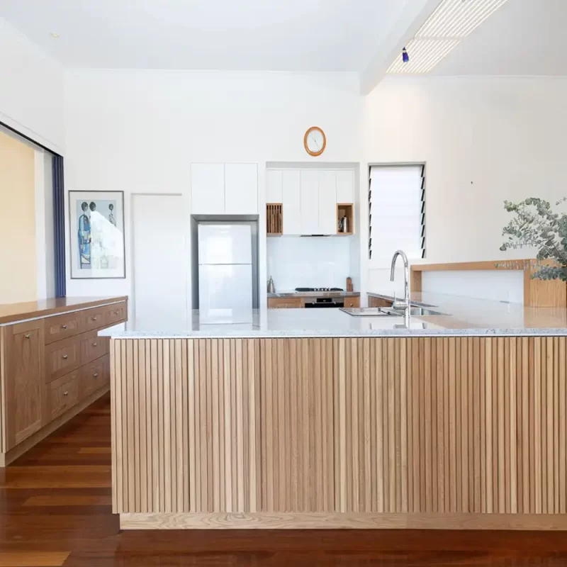 American Oak 3D Panelling - This kitchen installation has been crafted from American Oak timber by Buywood Furniture, Brisbane.