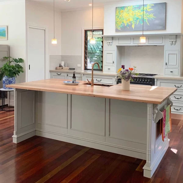 Kitchen bench top crafted from solid Blackbutt Timber custom designed by Buywood Furniture, Brisbane.