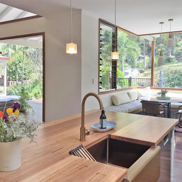 Kitchen benchtop crafted from solid Blackbutt Timber custom designed by Buywood Furniture, Brisbane.