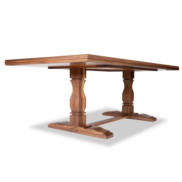 The Burbank dining table base is custom designed with French Parquetry detailing by Buywood Furniture, Brisbane using time honored joinery skills.