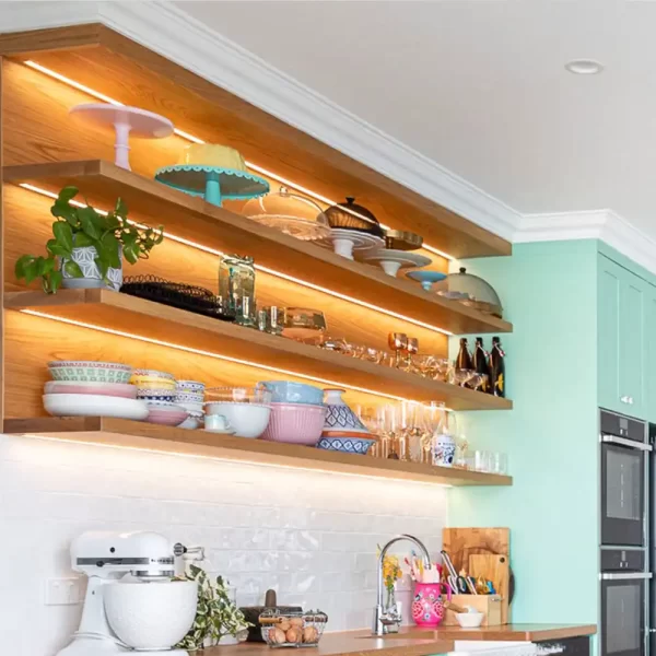 Custom timber shelving with LED Lighting for the lovely farmhouse kitchen by Buywood Furniture.