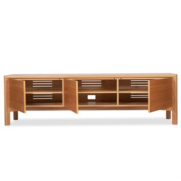 The Hastings Entertainment unit is crafted from 100% solid wood boasting an elegant form with a rounded leg custom designed by Buywood Furniture, Brisbane.