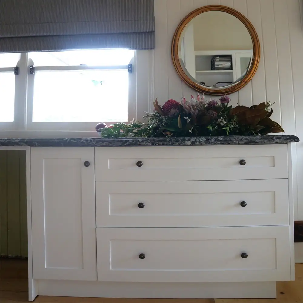 Hamptons Style kitchen installation, in solid timber, American Oak and stunning granite bench tops was custom designed and made by Buywood Furniture, Brisbane.