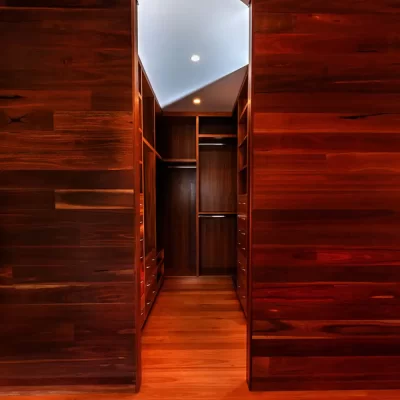 Solid timber walk in wardrobe custom designed and made by Buywood Furniture from durable solid timber using time honored joinery skills.