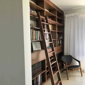 Custom made solid wood Bookcase with matching Ladder, and storage space for your bottles of wine. Proudly handcrafted in our Brisbane joinery, Buywood Furniture