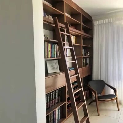 Custom made solid wood Bookcase with matching Ladder, and storage space for your bottles of wine. Proudly handcrafted in our Brisbane joinery, Buywood Furniture