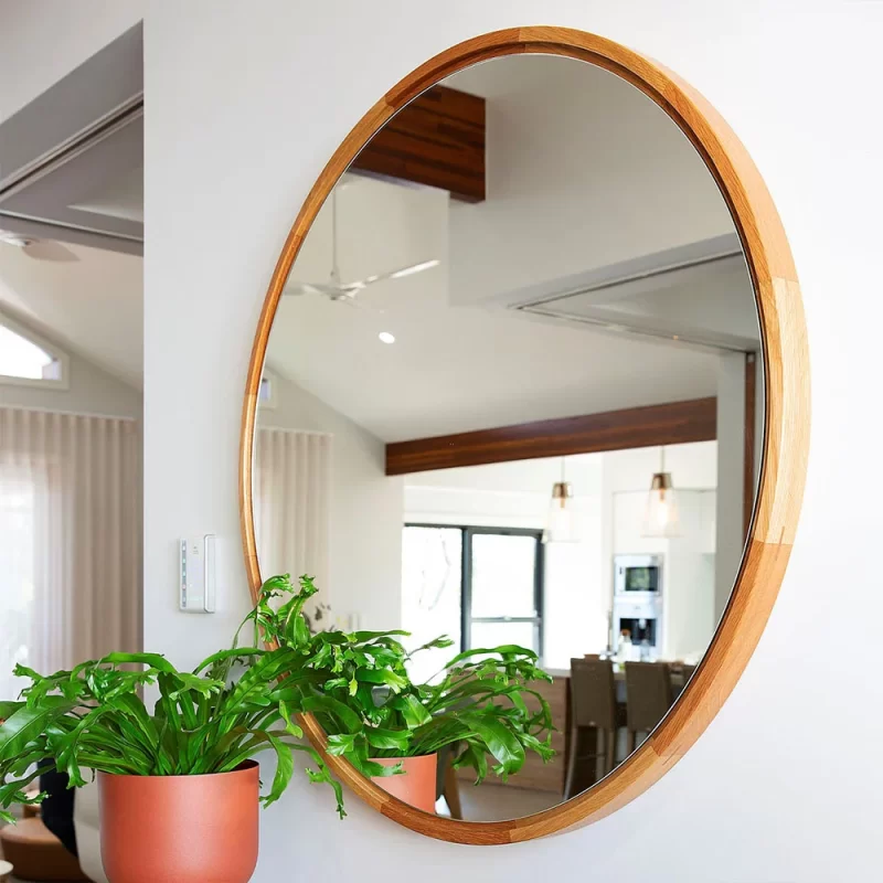 Desert Rose Wall Round Mirror with solid wood timber surround custom designed and crafted by Buywood Furniture Brisbane.