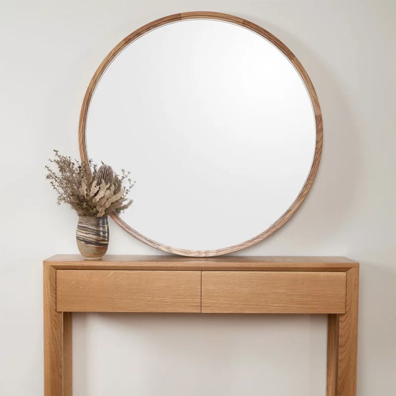 Desert Rose Wall Round Mirror with solid wood timber surround custom designed & crafted by Buywood Furniture joinery.