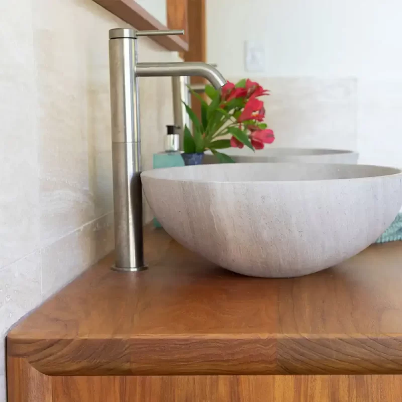 Hastings Bathroom Vanity with double basin, mirro is designed, crafted and installed by the Buywood Furniture joinery.