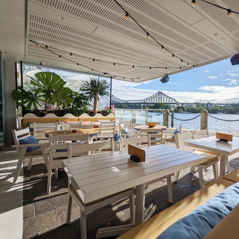 The Riverbar & Kitchen was a mammoth project Buywood Furniture were so grateful to be a part of crafting a range of custom timber benchtops, chairs, stools, and booth seating.