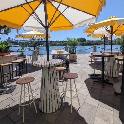 Buywood Furniture were so grateful to be a part of crafting a range of custom timber benchtops, stools, chairs and booth seating. for River Bar & Kitchen, Brisbane.