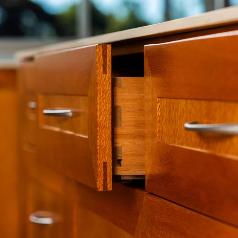 Using the beautiful Silky Oak timber and only the finest materials, Buywood Furniture made to measure, designed and built this stunning spacious kitchen and island bench.