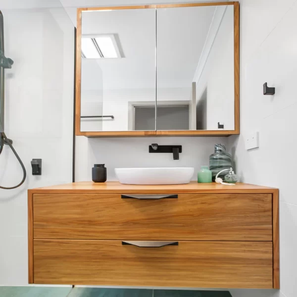 Zephran Timber Bathroom Vanity & mirror cabinet custom designed, crafted &installed by Buywood Furniture.joinery in Brisbane