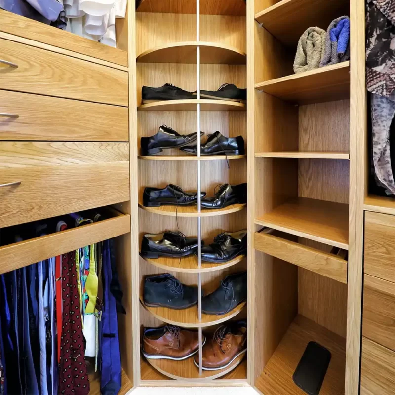 Custom walk in wardrobe fitted with classic dovetail drawers and top quality gadgets and mechanisms can be custom designed to suit your storage needs and fit into any home.