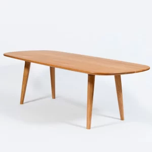 Custom designed and crafted by Buywood Furniture, the Arial timber dining table features tapered rounded-square legs as well as complex knuckle-inserts.