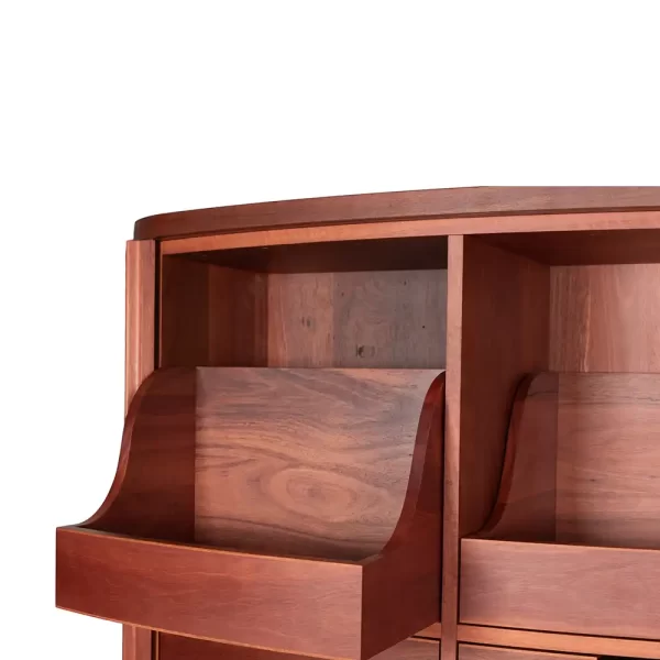 The Heidi Drinks Cabinet includes, hand-cut dovetailed front drawers, custom handles, sliding tambour doors and a whole lot of sophistication. Finished in a Red Gum timber, Heidi demonstrates great craftmanship and intricate joinery practices.