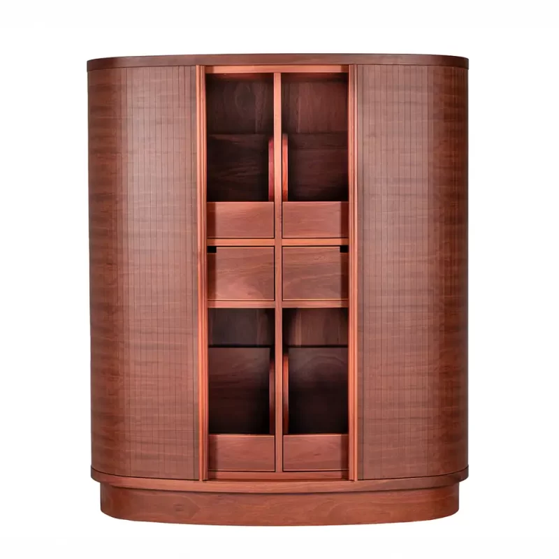 The Heidi Drinks Cabinet includes, hand-cut dovetailed front drawers, custom handles, sliding tambour doors and a whole lot of sophistication. Finished in a Red Gum timber, Heidi demonstrates great craftmanship and intricate joinery practices.