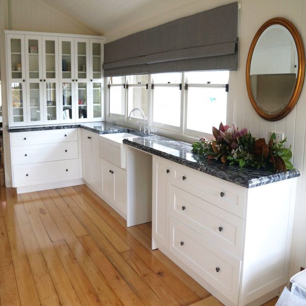 Hamptons Style kitchen design, in solid timber, was made from American Oak and stunning granite bench tops by Buywood Furniture, Fortitude Valley.