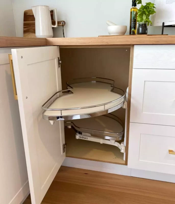 Custom designed kitchen with integrated appliances, dovetail drawers, Blackbutt timber benchtops by Brisbane joinery Buywood Furniture