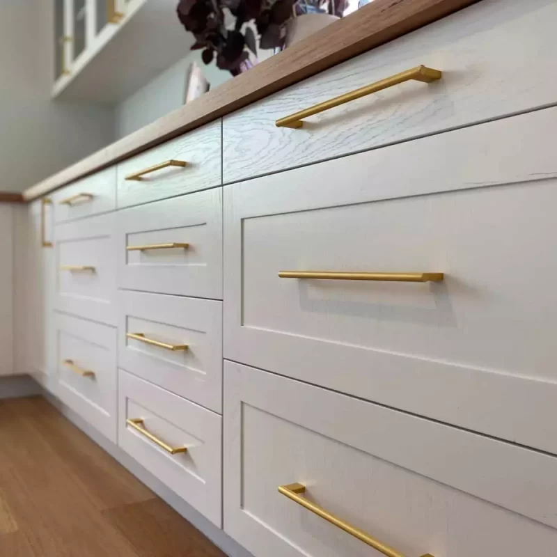 Custom designed kitchen with integrated appliances, dovetail drawers, Blackbutt timber benchtops by Brisbane joinery Buywood Furniture