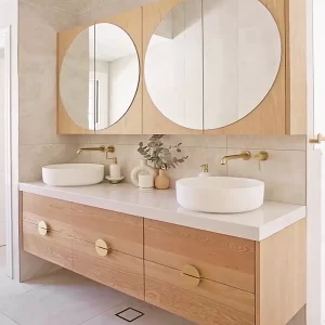 Double Basin Bathroom Timber Vanity featuring dovetailed drawers with high quality soft close drawer runners, finished in a marine grade, clear 2 Pac finish by joinery Buywood Furniture.
