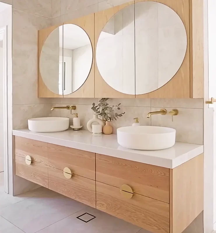 Double Basin Bathroom Vanity, dovetailed soft close drawer runners, mirror cabinet finished in a marine grade, clear 2 Pac