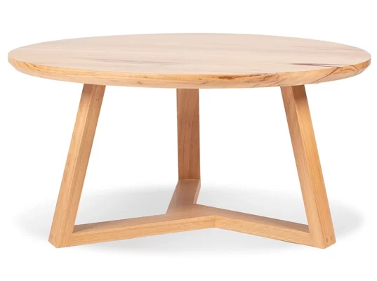 Crafted from solid wood, the Burke round timber table has a distinctive base design is custom made by Buywood Furniture joinery in Brisbane.