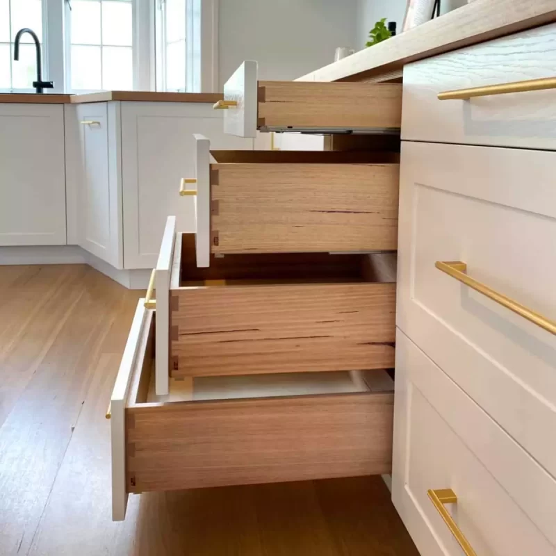 Custom designed kitchen with integrated appliances, dovetail drawers, Blackbutt timber benchtops by Brisbane joinery Buywood Furniture