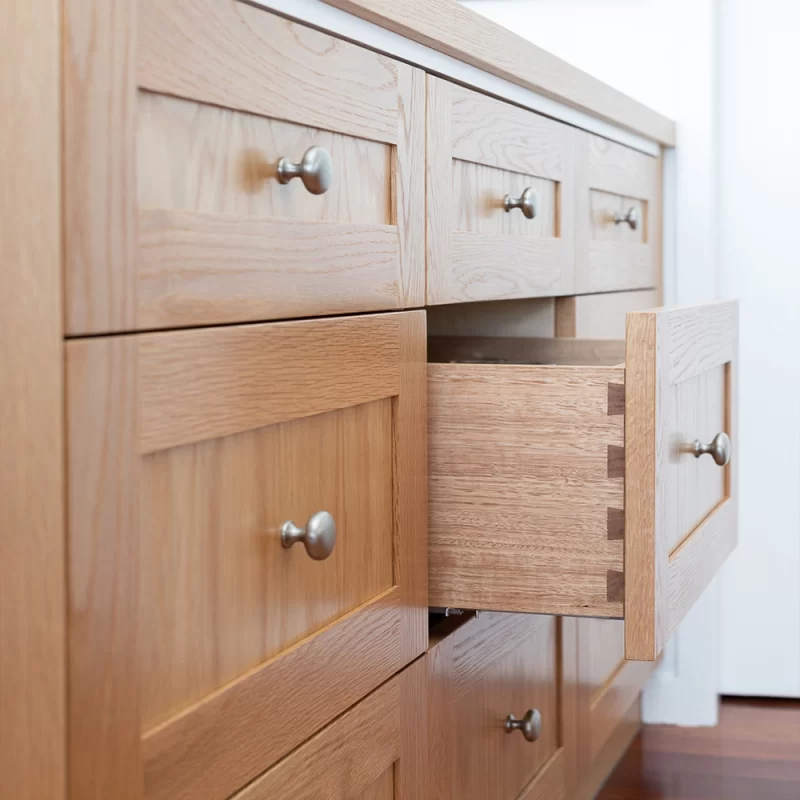 Quality timber furniture pieces, like these kitchen drawers are made using the traditional joinery technique, dovetail at Buywood Furniture.