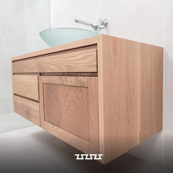 Bathroom Vanity in American Oak, finger pull drawers, cupboard with soft close doors, basin & cupboards by Buywood Furniture