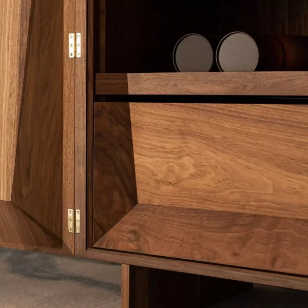 Indulge in luxury with our custom Nugent Drinks Cabinet, meticulously handcrafted in American Walnut timber by talented joinery team at Buywood Furniture.