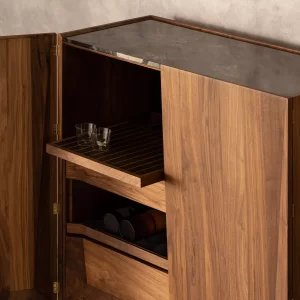 Indulge in luxury with our custom Nugent Drinks Cabinet, meticulously handcrafted in American Walnut timber by talented joinery team at Buywood Furniture.