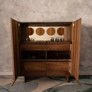 Indulge in luxury with our custom Nugent Drinks Cabinet, meticulously handcrafted in American Walnut timber by talented joinery team at Buywood Furniture.