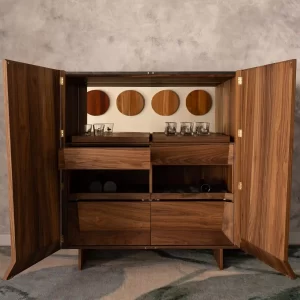 Indulge in luxury with our custom Nugent Drinks Cabinet, meticulously handcrafted in American Walnut timber by talented joinery team at Buywood Furniture.