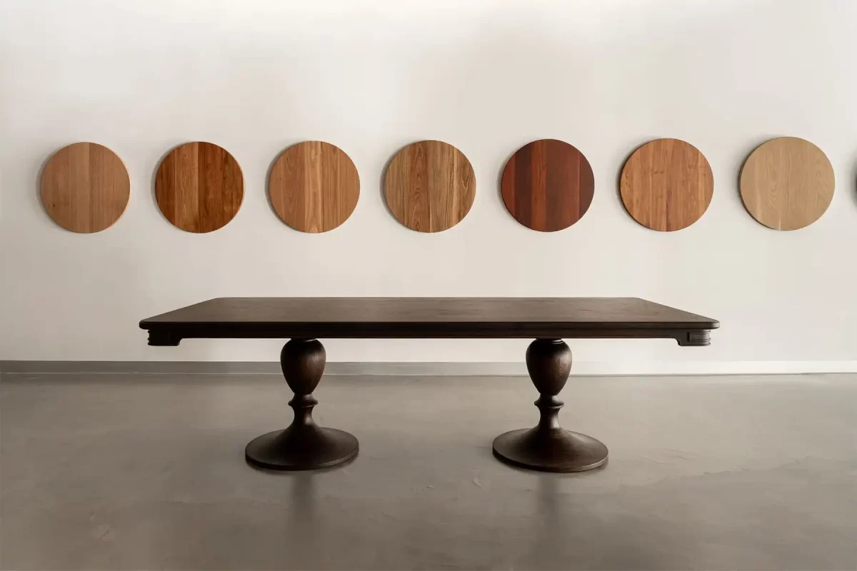 Hunter Dining Table is custom designed and made in Rosewood and stained with Antique Chocolate by Buywood Furniture.